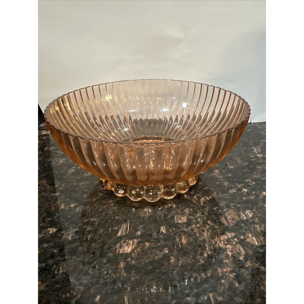 Vintage Anchor Hocking Pink Depression Ribbed Glass Bowl with Bubble Base